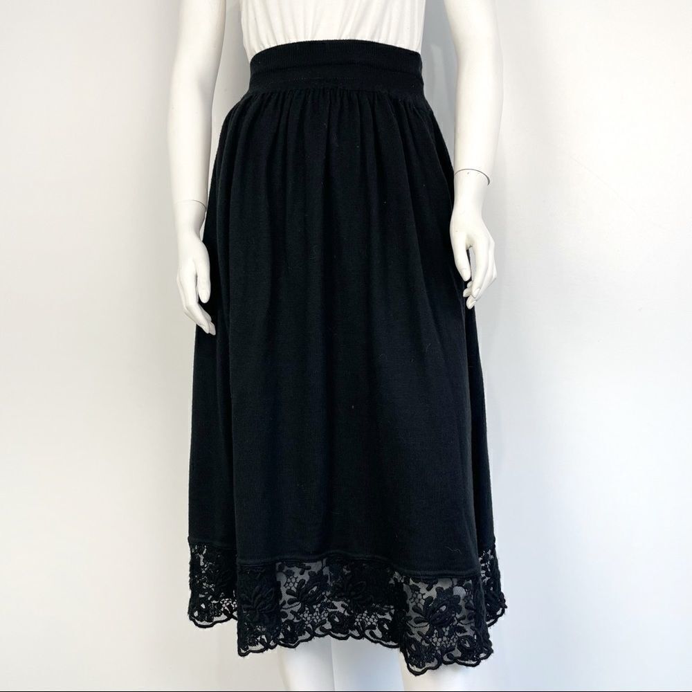 Vintage Cacharel Black Wool Blend Midi Skirt with Lace Hem